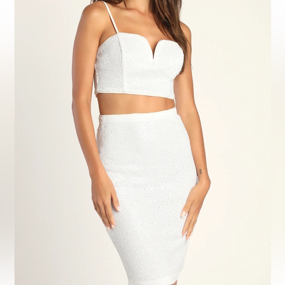 Lulu’s Sparkling Style White Sequin Two-Piece Bod… - image 1